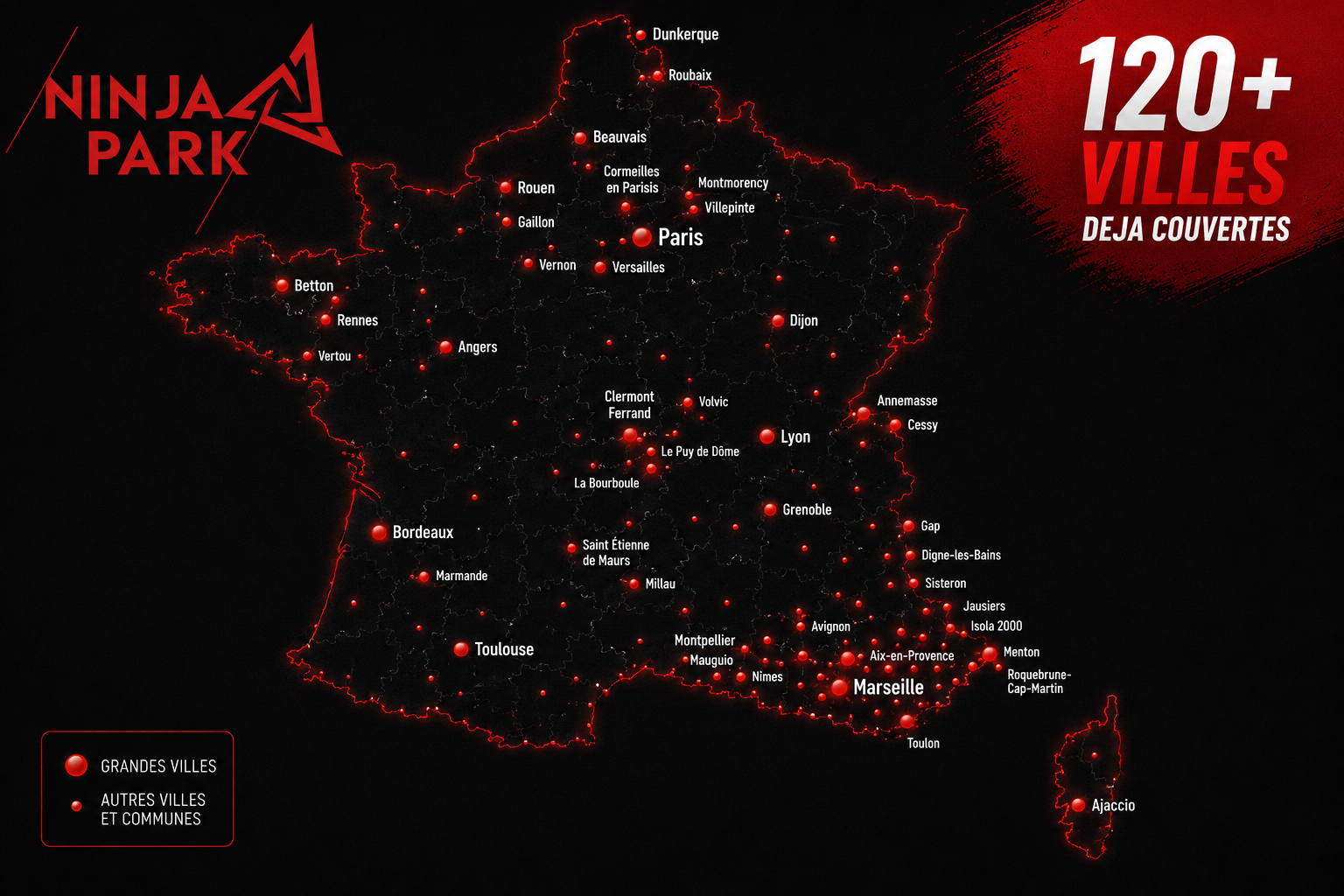 Carte des interventions Ninja Park dans plus de 120 villes en France