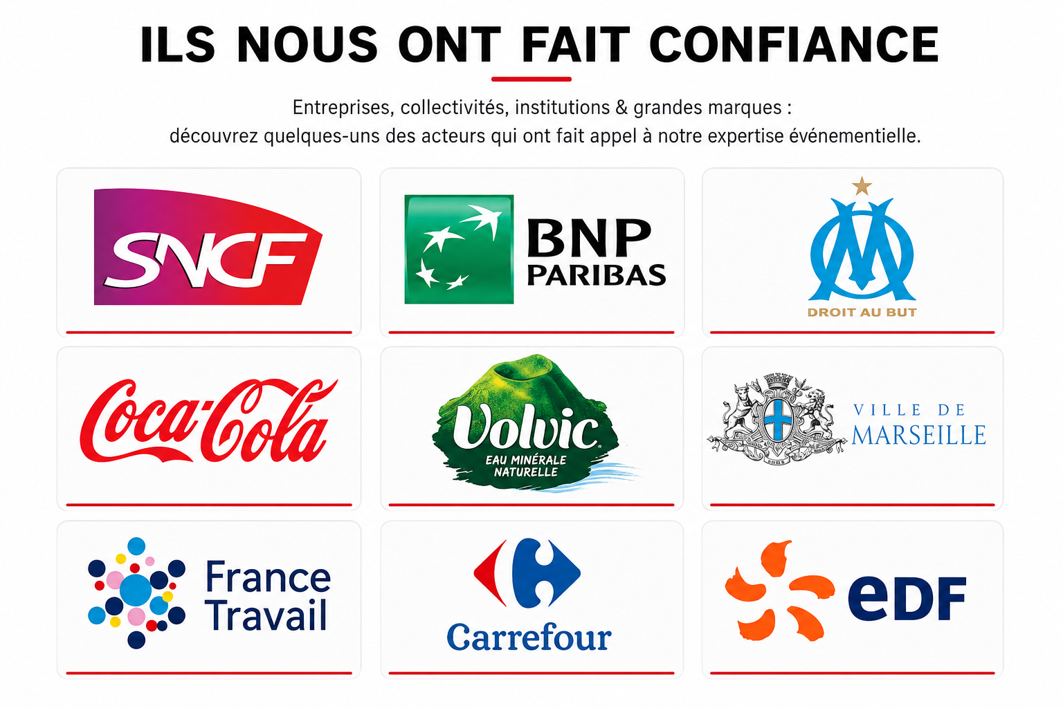 Ils nous ont fait confiance : SNCF, BNP Paribas, Olympique de Marseille, Coca-Cola, Volvic, Ville de Marseille, France Travail, Carrefour et EDF